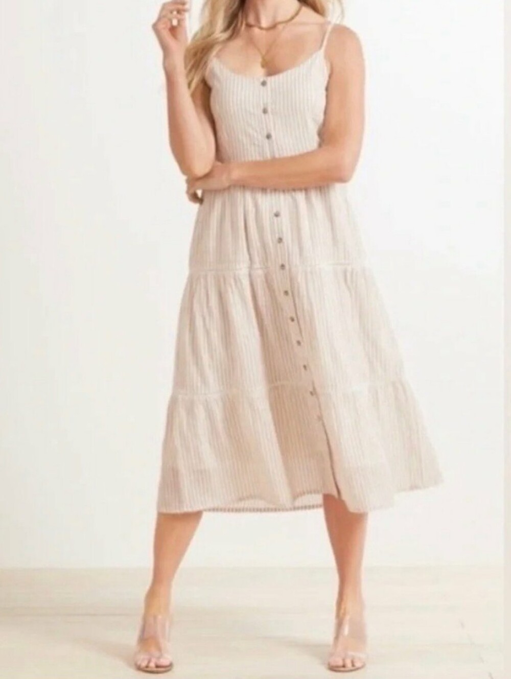 Sundry For Evereve Striped Tiered Love Sundress White & Tan Size Small (1)